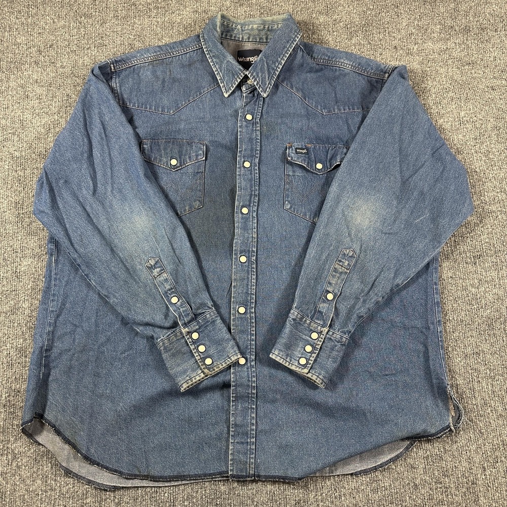 Wrangler Denim Shirt Mens Apx:2XL Blue Western Pearl Snap Long Sleeve‎ Cowboy